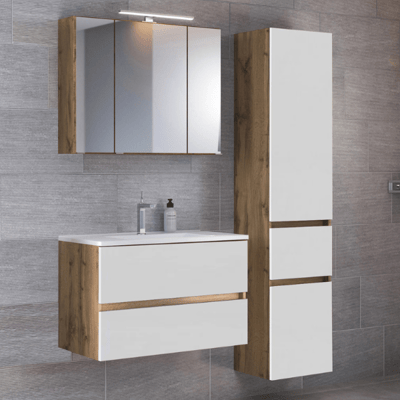 Salle de bains Luna: armoire de toilette, meuble lavabo, colonne - blanc/décor chêne Salle de bains Luna: armoire de toilette, meuble lavabo, colonne - blanc/décor chêne