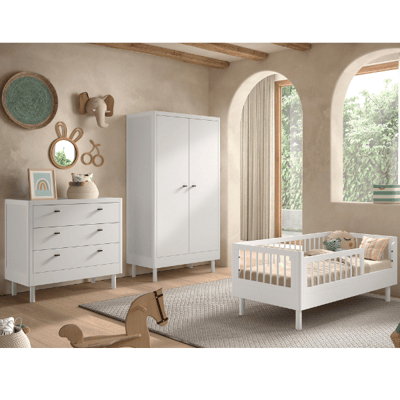 Chambre junior Forrest: lit junior 70x140cm, commode, armoire - bois de hêtre blanc