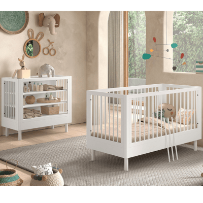 Chambre bébé Forrest: lit bébé 70x140cm, table à langer - bois de hêtre blanc
