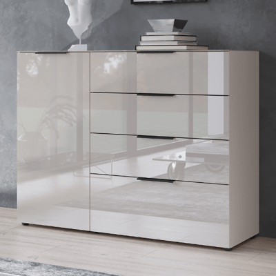 Bahut Dudek avec 1 porte & 4 tiroirs - façades en verre - beige Bahut Dudek avec 1 porte & 4 tiroirs - façades en verre - beige