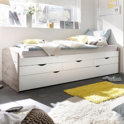 Lit banquette Nasri 90x200 avec tiroir de lit - chêne sablé/blanc Lit banquette Nasri 90x200 avec tiroir de lit - chêne sablé/blanc