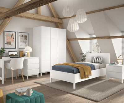 Chambre d'adolescent Eva: lit 90x200cm, chevet, armoire, bureau - blanc