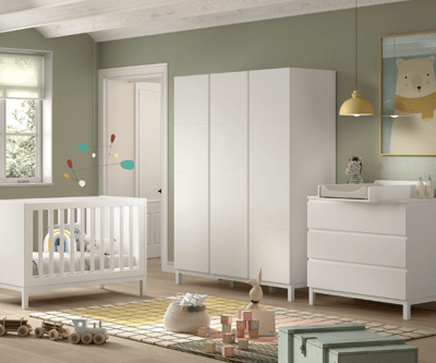 Chambre bébé Eva: lit bébé 60x120cm, commode avec planche à langer, armoire - blanc