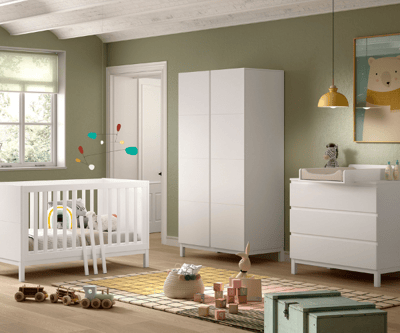 Chambre junior Eva: lit junior 70x140cm, commode avec planche à langer, armoire - blanc