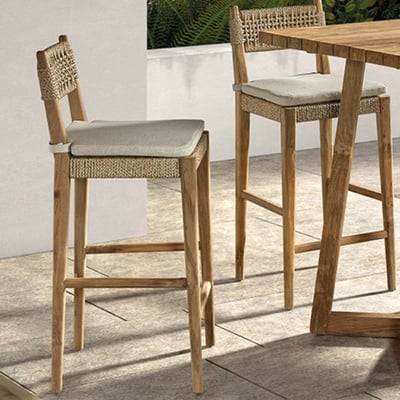 Tabouret de bar Minoli - 45x53x110cm - avec coussin - bois teck/écru