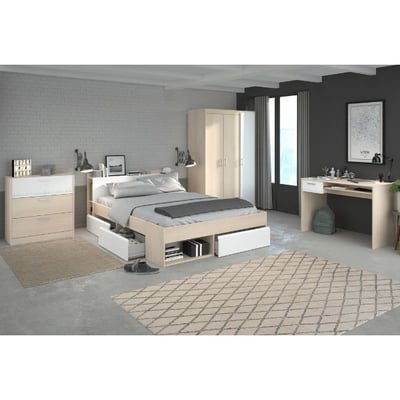 Ensemble de chambre Most | Lit double avec espace de rangement, armoire, bureau, commode Ensemble de chambre Most | Lit double avec espace de rangement, armoire, bureau, commode