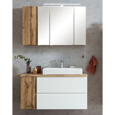 Ensemble de salle de bain Varese | lavabo et armoire de toilette avec éclairage | Design Wotan Oak/blanc Ensemble de salle de bain Varese | lavabo et armoire de toilette avec éclairage | Design Wotan Oak/blanc