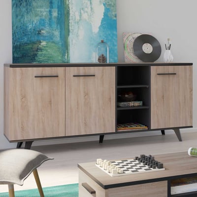 Bahut Wilke 3 portes tournantes et 4 étagères-chêne brossé/noir mat