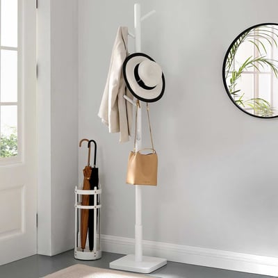 Porte-manteau en bois massif - 8 crochets pour manteaux, chapeaux, sacs - Entrée, couloir - Blanc