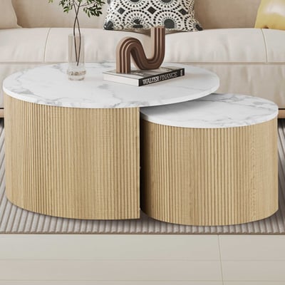 Ensemble de tables basses Rowan - Ø80x42cm & Ø50x37cm - décor chêne/marbre