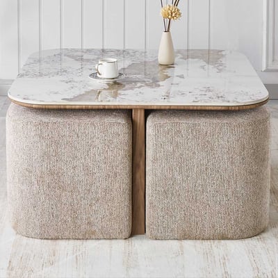 Table basse Evora - 80x80x45cm - avec 4 poufs - beige