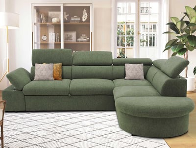 Canapé d'angle Firenze droit - avec fonction lit - tissu vert d'olive