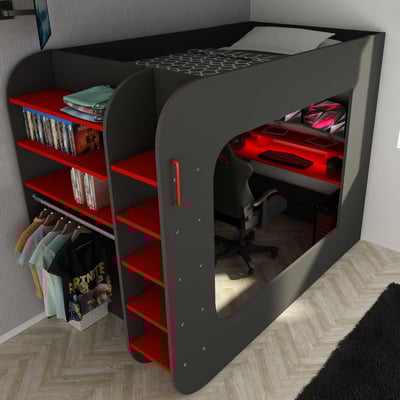 Lit mezzanine Graham avec bureau gamer 120x200cm - anthracite/rouge Lit mezzanine Graham avec bureau gamer 120x200cm - anthracite/rouge