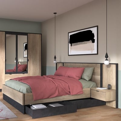 Lit double Yuri 160x200cm - anthracite/décor de chêne Lit double Yuri 160x200cm - anthracite/décor de chêne