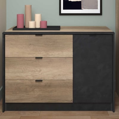 Commode Yuri 113cm, 1 porte & 3 tiroirs - anthracite/décor de chêne Commode Yuri 113cm, 1 porte & 3 tiroirs - anthracite/décor de chêne