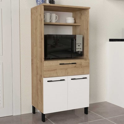 Meuble micro-ondes Tegan - 60x40x130cm - 2 portes & 1 tiroir - décor chêne/blanc