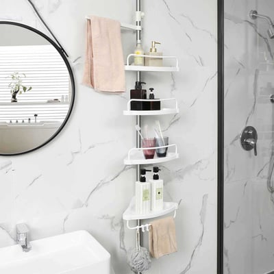Etagère d'angle réglable pour salle de bains, 95-300 cm, 4 plateaux, 3 crochets, 1 porte-serviettes Etagère d'angle réglable pour salle de bains, 95-300 cm, 4 plateaux, 3 crochets, 1 porte-serviettes