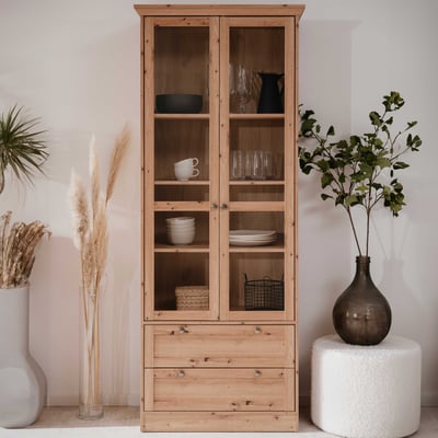 Armoire vitrine Timothee - 80x39x200cm - 2 portes & 2 tiroirs - décor chêne artisan