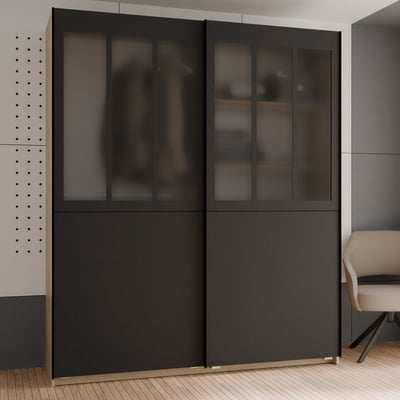 Armoire Verity 2 portes coulissantes, 4 étagères et 2 tringles-Chêne Kronberg/noir mat