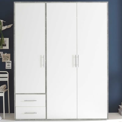 Armoire Valencia - 155x60x195cm - 3 portes & 2 tiroirs - blanc/aspect béton