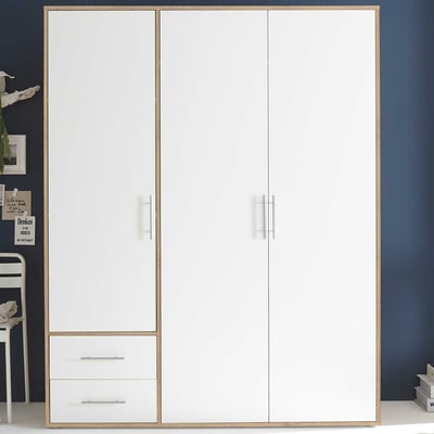 Armoire Valencia - 155x60x195cm - 3 portes & 2 tiroirs - blanc/décor chêne