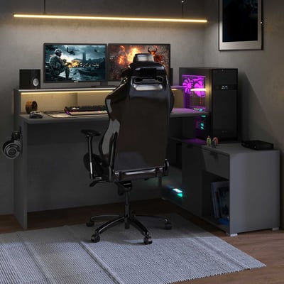 Bureau gaming Vortex - 229x60x95cm - avec éclairage LED - gris foncé
