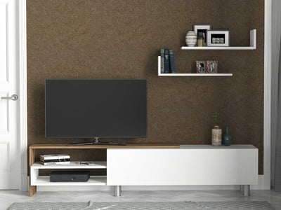 Meuble TV Dizayn - 181x31x41cm - avec 1 porte & 2 tablettes murales - blanc/noyer