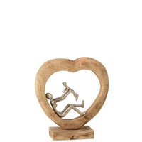 Personnage parent + enfant coeur bois de manguier/aluminium naturel/argent