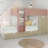 Lit superposé Jip avec armoire et tiroirs - chêne/blanc/rose foncé
