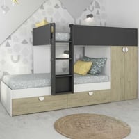 Lit superposé Jip avec armoire et tiroirs - chêne/blanc/gris