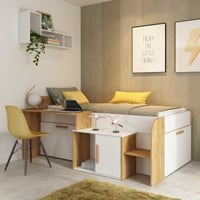 Couchette semi-haute Sacha avec bureau - 206x135x90 cm - Blanc/chêne