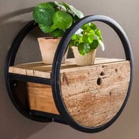 Etagère murale Cyril ronde Ø40 avec tiroir industriel - bois dur