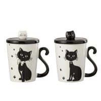 Mug imprime chat + couvercle + cuillere porcelain blanc / noir assortiment de 2