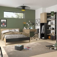 Chambre Nael: lit double 140x190, bureau, bibliothèque, armoire - décor chêne/noir