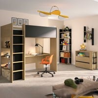 Chambre d'ado Nael: lit haut 90x200, commode, bibliothèque, étagère murale - décor chêne/noir