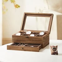 Boîte à montres en bois à 8 fentes avec grand couvercle en verre, noyer rustique