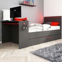 Lit Bzone 90x200 cm avec tiroir de lit, bureau et éclairage LED - anthracite