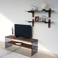 Meuble TV Locelso | 100% Pin | Epaisseur 8mm | Cadre en verre trempé | Couleur noyer