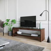 Meuble TV Locelso | Bois de pin massif | Cadre en verre trempé | Largeur 140cm | Couleur noyer