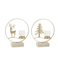 Photophore rond renne bois doré/blanc assortiment de 2