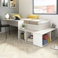 Lit Quinn 90x200 cm avec bureau et rangement - pin/blanc