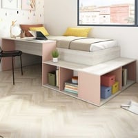 Lit Quinn 90x200 cm avec bureau et rangement - pin/rose vieux