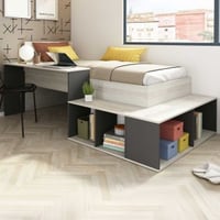 Lit Quinn 90x200 cm avec bureau et rangement - pin/gris