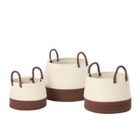 Set de 3 panier avec anse rond polyester marron foncé/blanc