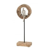 Personnage pensif cercle haut bois de manguier/aluminium naturel/argent