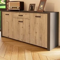 Bahut Aubrey - 175x42x82cm - 3 portes & 1 tiroir - décor chêne/noir