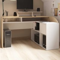 Bureau d'angle Kemo - 108x128x90cm - avec rangement - décor chêne/blanc