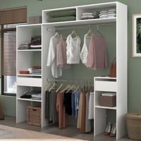Armoire Botan 140 - 198cm, 4 étagères, 2 tringles, 2 tiroirs - blanc