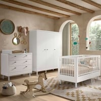 Chambre bébé Forrest: lit bébé 70x140cm, commode avec planche à langer, armoire - bois de hêtre blanc