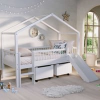 Lit cabane Forrest - 90 x 200cm - avec toboggan et boîtes de rangement - bois hêtre - blanc